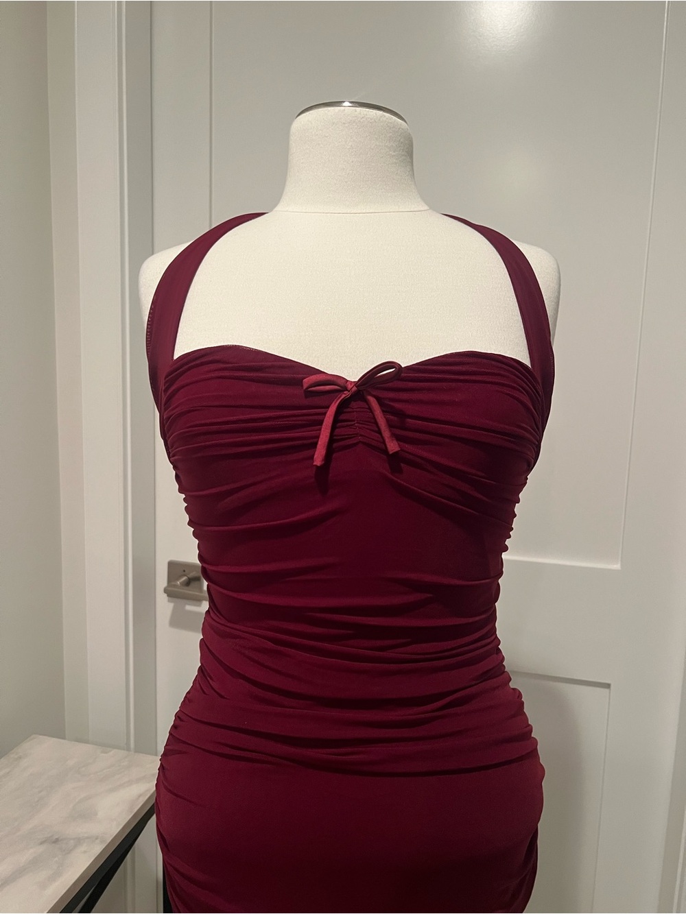 Ruched Burgundy Halter Bodycon Dress